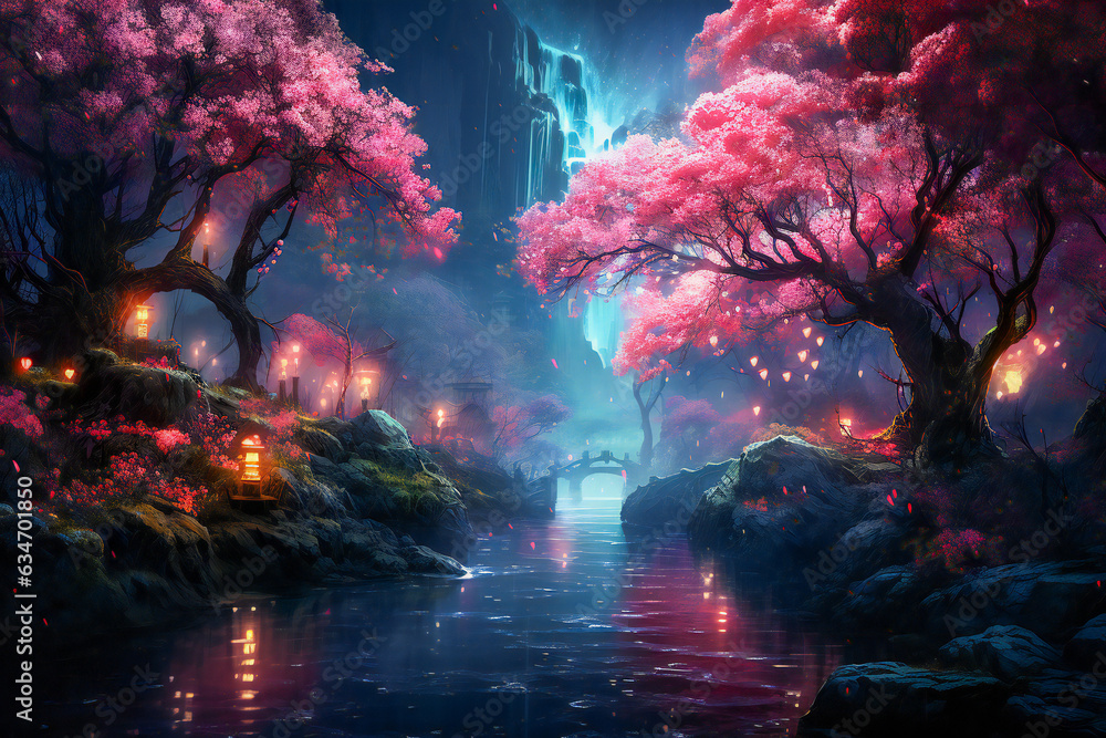 Fototapeta premium Magic forest in the night, with glowing plants and starry sky