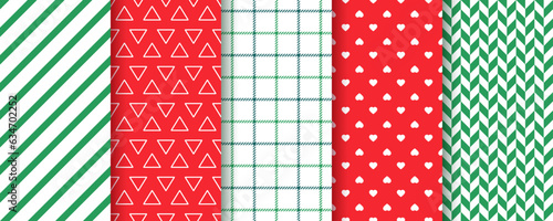 Christmas seamless pattern. Xmas, New year backgrounds. Set textures with stripes, hearts, herringbone, triangles and checkered. Red green elegant prints. Festive wrapping paper. Vector illustration