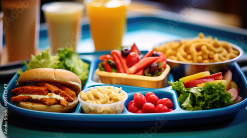A tray bearing a colorful school lunch is placed on a cafeteria table