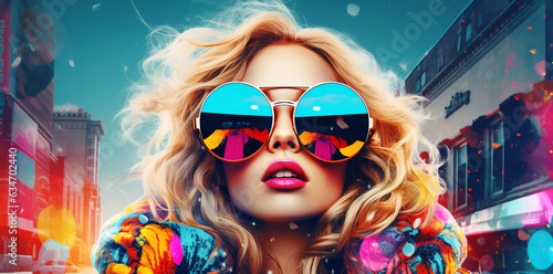 pop art collage of a blonde  model girl with peculiar sunglasses dressed with cozy winter clothes, red blue  background banner poster wallpaper, , cold autumn winter snow  abstract theme concept