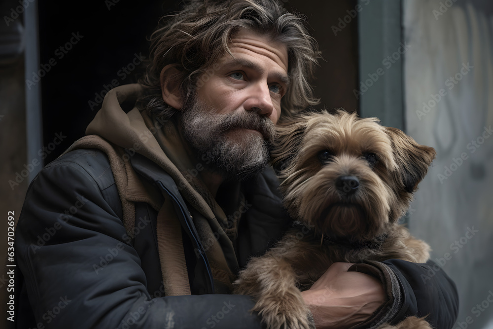Portrait homeless dirty tramp hugging his dog. Concept friendship lifestyle. Generation AI Portrait homeless dirty tramp hugging his dog. Concept friendship lifestyle. Generation AI