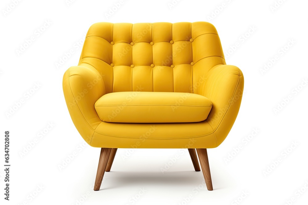 Naklejka premium Retro style armchair with yellow upholstery on wooden legs isolated on a white background.