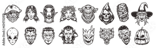 Halloween monsters set stickers monochrome