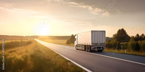 White truck driving on highway winding through forested landscape, sunset light. Generation AI