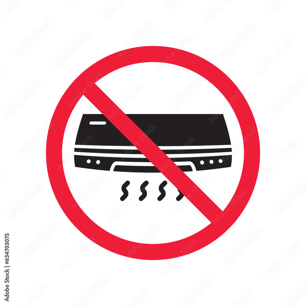 Forbidden air conditioner vector icon. Warning, caution, attention, restriction, label, ban, danger. No air conditioner flat sign design pictogram symbol. No air conditioner icon Forbidden air conditioner vector icon. Warning, caution, attention, restriction, label, ban, danger. No air conditioner flat sign design pictogram symbol. No air conditioner icon