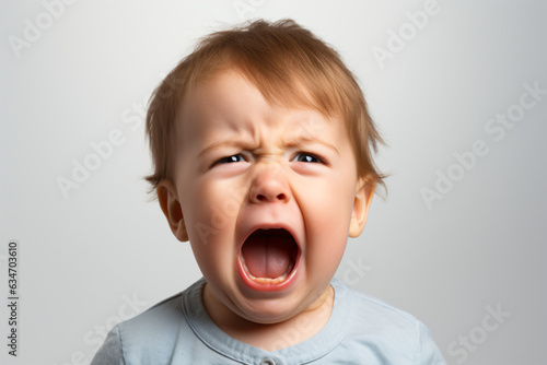  A close-up shot of an adorable baby boy, crying and shouting, isolated on a white background. Generative AI.