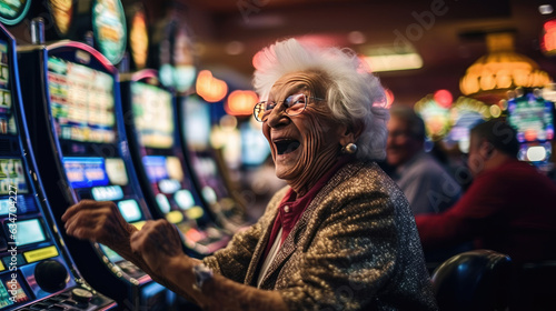 A woman happily celebrates her jackpot win on a slot machine in a casino