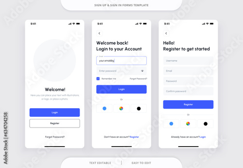 Login and Register App UI Kit. Sign Up and Sign In forms. Forms page for mobile app. Vector template.