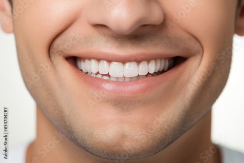 A close-up portrait of an attractive man showcasing a bright smile with pristine teeth, utilized for a dental advertisement. The individual features a modern, stylish haircut and beard. Generative AI