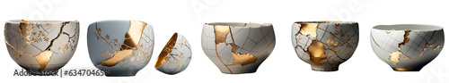 White and Gold Japanese Kintsugi Gold Repaired Bowls Isolated Template