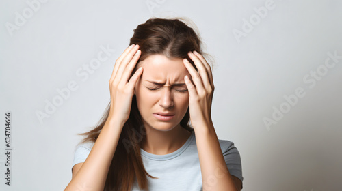 An adult woman with a migraine headache grasping her head in pain. Isolated on a white background.
Generative AI.