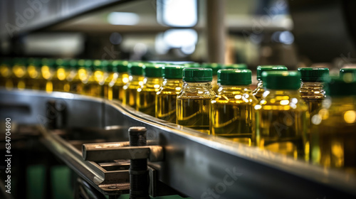 Cooking oil-filled bottles moving gracefully along a conveyor belt in a bustling production line