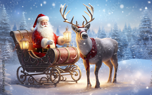 Santa Claus sitting on Christmas sleigh, with reindeer, Merry Christmas. Happy Holidays. holiday vacation winte.