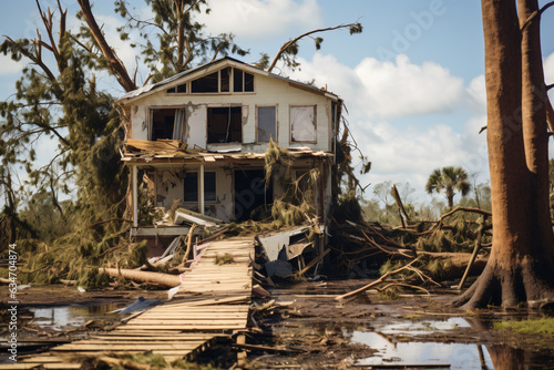 Hurricane, Florida post-hurricane. Damaged homes, shattered trees in the background.Generative AI.