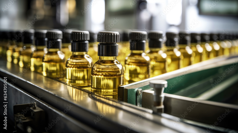 Cooking oil-filled bottles moving gracefully along a conveyor belt in a bustling production line Cooking oil-filled bottles moving gracefully along a conveyor belt in a bustling production line