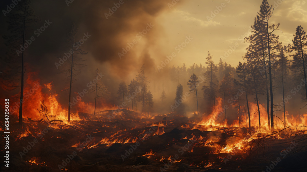 Forest fire; vast expanses of pine trees consumed during the dry spell. Wildfire rages in the woods. The notion of global catastrophes on our planet.

Generative AI.