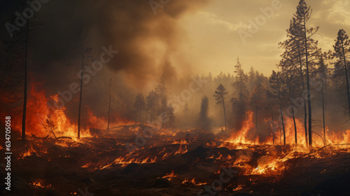 Forest fire  vast expanses of pine trees consumed during the dry spell. Wildfire rages in the woods. The notion of global catastrophes on our planet.  Generative AI. © Nico Vincentini