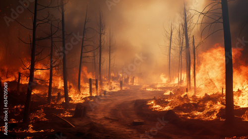 Forest fire  vast expanses of pine trees consumed during the dry spell. Wildfire rages in the woods. The notion of global catastrophes on our planet.  Generative AI.