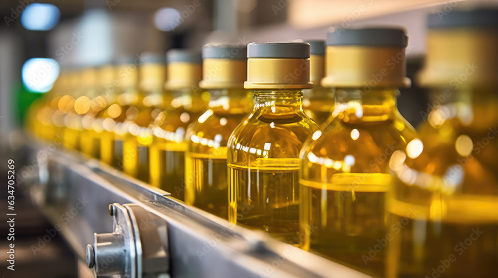 Cooking oil-filled bottles moving gracefully along a conveyor belt in a bustling production line Cooking oil-filled bottles moving gracefully along a conveyor belt in a bustling production line