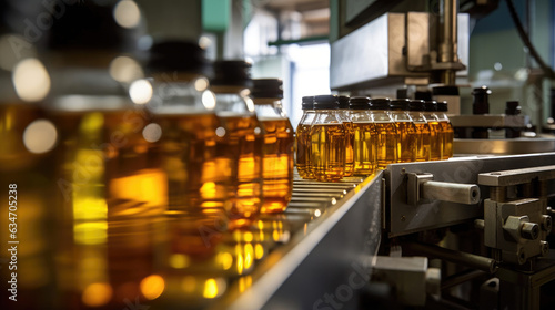Cooking oil-filled bottles moving gracefully along a conveyor belt in a bustling production line