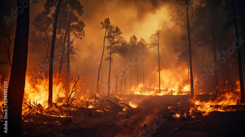 Forest fire; vast expanses of pine trees consumed during the dry spell. Wildfire rages in the woods. The notion of global catastrophes on our planet.Generative AI. © Nico Vincentini