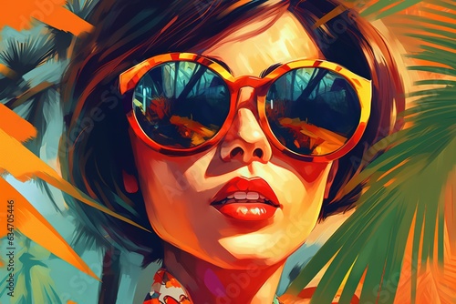Stylish girl in sunglasses in front of palm trees collage pop art style pin up girl summer travel bright illustration for picture poster  postcard  magazine social media banner Generative AI