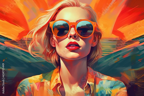 Girl in sunglasses on bright abstract background collage pop art style pin up girl illustration for poster, card magazine, wallpaper social media banner Generative AI