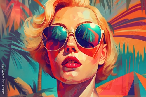 Bright blonde girl in trendy sunglasses on background of palm trees collage pin up girl travel illustration for poster, postcard, social media banner Generative AI