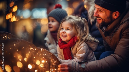 Parents and children have a wonderful time at a traditional Christmas market on a winter evening. Parents and children decorate the lights.