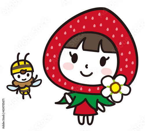 いちごの女の子とミツバチのキャラクターイラスト