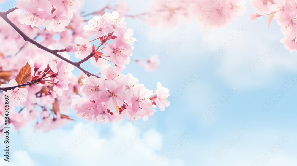 Spring banner, pink sakura blossoms, dreamy romantic spring image, panoramic landscape, copy space. Branches of blooming cherry against a background of blue sky.
Generative AI. Spring banner, pink sakura blossoms, dreamy romantic spring image, panoramic landscape, copy space. Branches of blooming cherry against a background of blue sky.
Generative AI.
