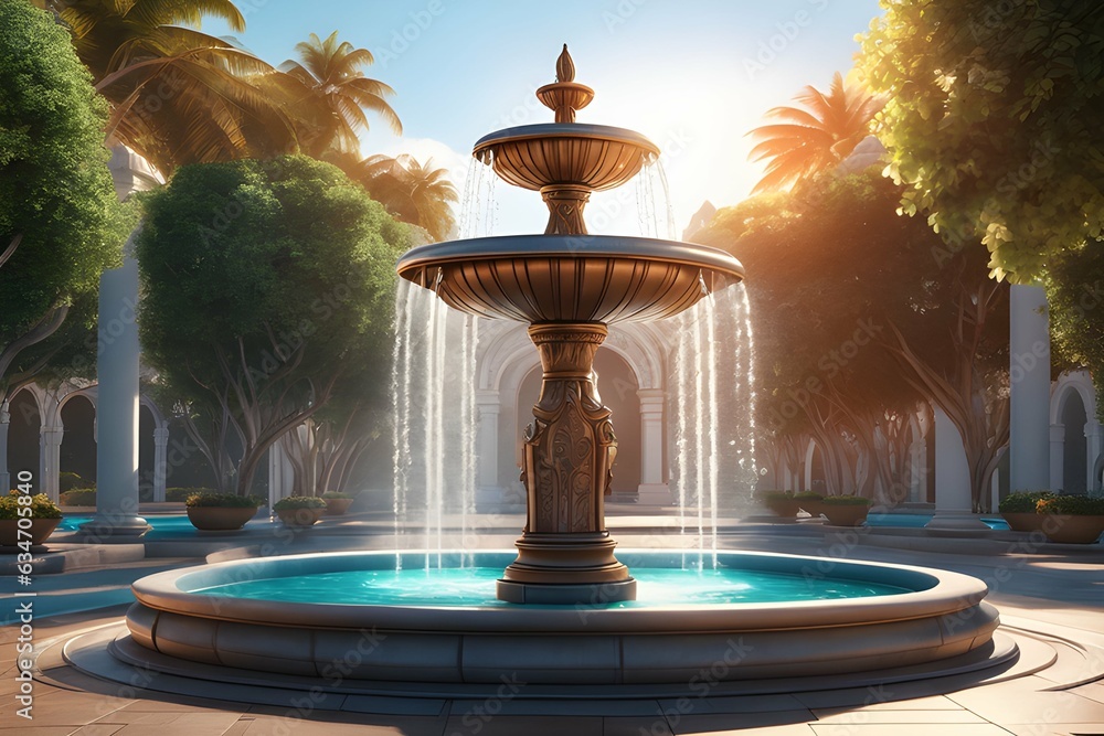 A fountain with spouting water installed in a luxurious garden - obrazy, fototapety, plakaty 