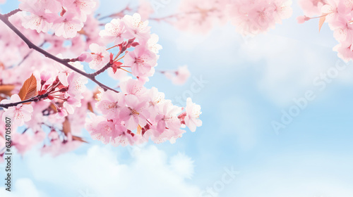 Spring banner  pink sakura blossoms  dreamy romantic spring image  panoramic landscape  copy space. Branches of blooming cherry against a background of blue sky.  Generative AI.