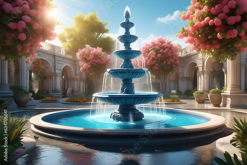A fountain with spouting water installed in a luxurious garden
