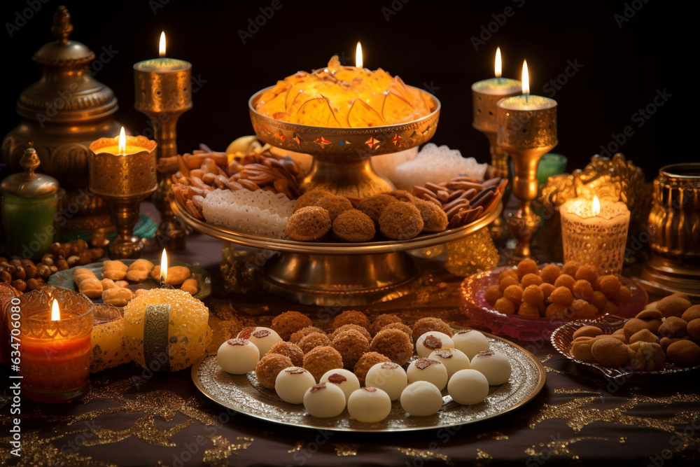 Elaborate display of traditional Indian sweets, Diwali, the triumph of light and kindness Generative AI Elaborate display of traditional Indian sweets, Diwali, the triumph of light and kindness Generative AI