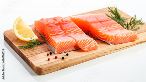 Raw salmon fillets with lemon and rosemary on a wooden table. Neutral background.Generative AI.