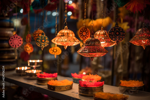 Traditional Diwali decorations adorning a marketplace, Diwali, the triumph of light and kindness Generative AI