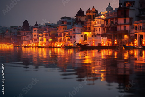 Reflection of illuminated homes on a tranquil river, Diwali, the triumph of light and kindness Generative AI