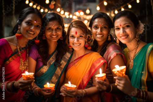 Group of women dressed in colorful attire for Diwali celebrations, Diwali, the triumph of light and kindness Generative AI