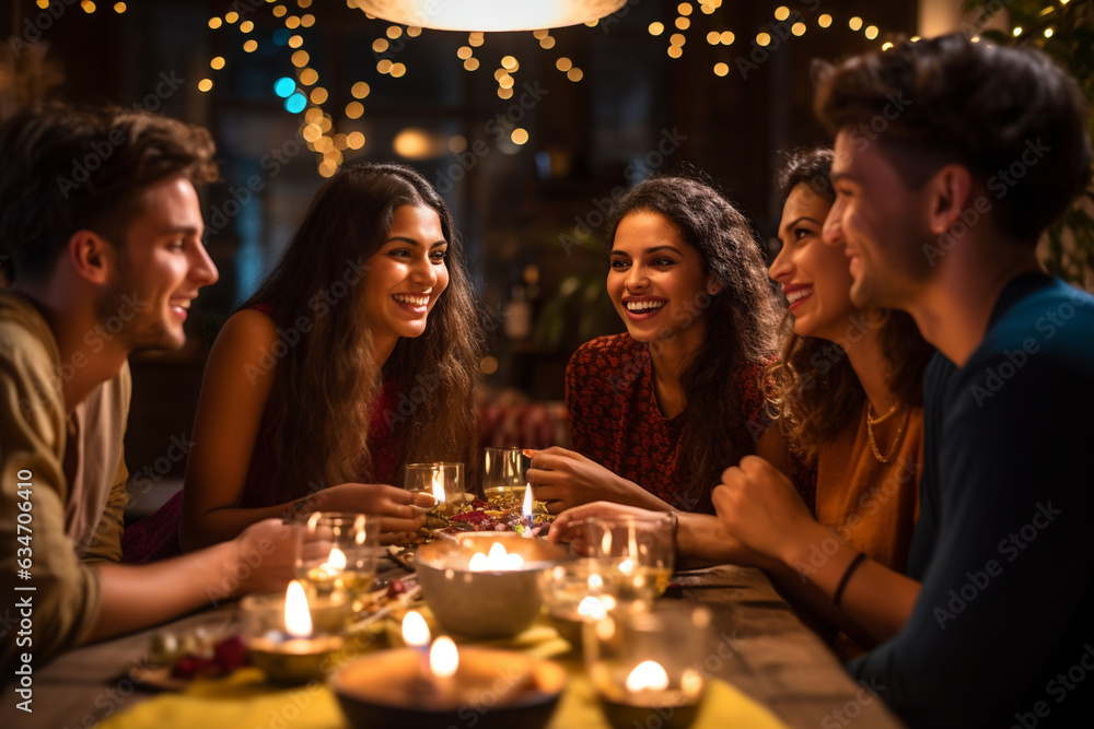Group of friends enjoying a festive Diwali meal, Diwali, the triumph of light and kindness Generative AI Group of friends enjoying a festive Diwali meal, Diwali, the triumph of light and kindness Generative AI