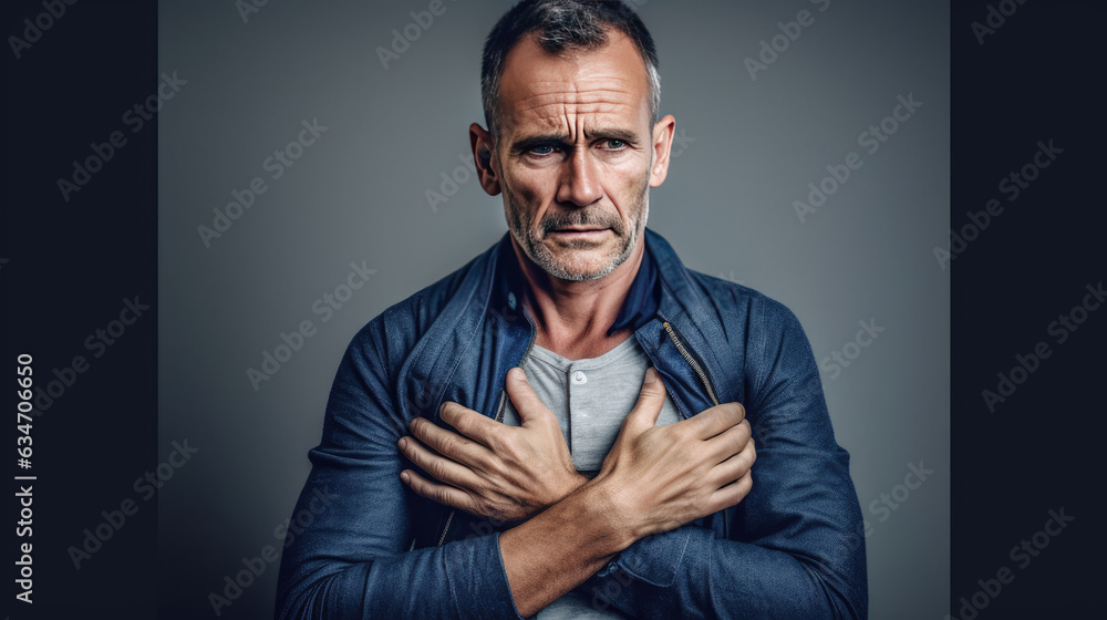Close-up of a man holding his chest with a sad and pained expression Close-up of a man holding his chest with a sad and pained expression