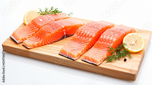 Raw salmon fillets with lemon and rosemary on a wooden table. Neutral background.Generative AI.