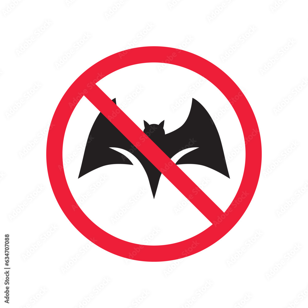 Forbidden bat vector icon. Warning, caution, attention, restriction, label, ban, danger. No bat flat sign design pictogram symbol. No bat icon Forbidden bat vector icon. Warning, caution, attention, restriction, label, ban, danger. No bat flat sign design pictogram symbol. No bat icon