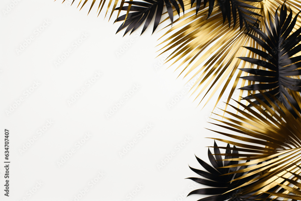 Fototapeta premium Gold and black flat lay of tropical palm leaf branches on a white background. Space for text, copy, or lettering.Generative AI.