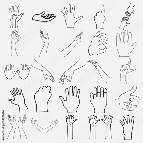 Hands poses. Female hand holding and pointing gestures, fingers crossed, fist, peace and thumb up. Cartoon human palms and wrist vector set. Communication or talking with emoji for messengers