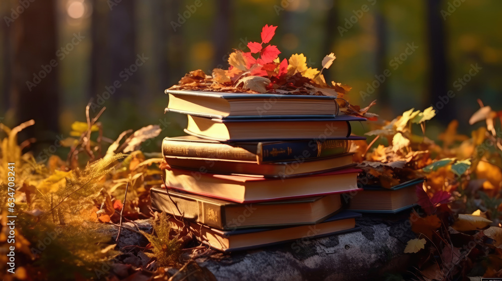 Close-up shot of stacked books with fallen leaves on books in autumn Close-up shot of stacked books with fallen leaves on books in autumn