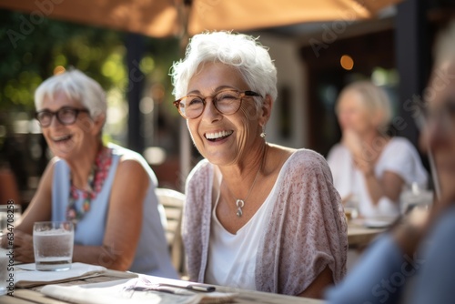 outdoor cafe on a sunny summer evening Retirement woman having fun outdoors Retirement hobbies and leisure activities for the elderly