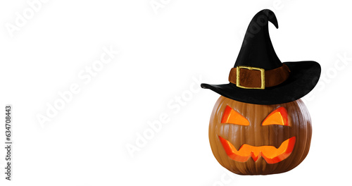 Pumpkin jack-o-lantern halloween in a witch hat on a white background. 3d rendering © Olga