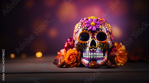 Fondo para el dia de los muertos de un craneo de azucar decorado con flores y muchos colores