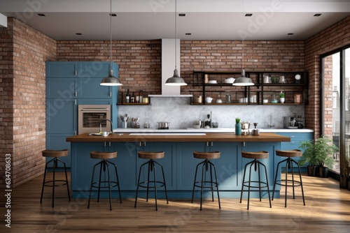 Rendered 3D interior of modern kitchen with white and brick walls, wooden floor, blue counters and cabinets, and bar with stools.